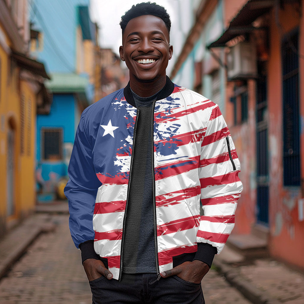 Liberia Flag Sleeve Zip Bomber Jacket Grunge Stylized