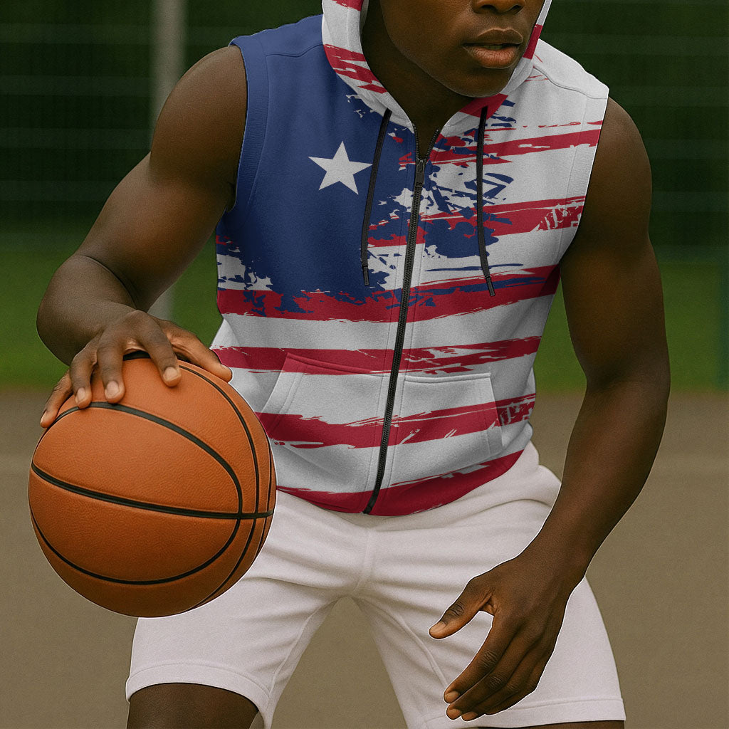 Liberia Flag Sleeveless Zip Hoodie Grunge Stylized