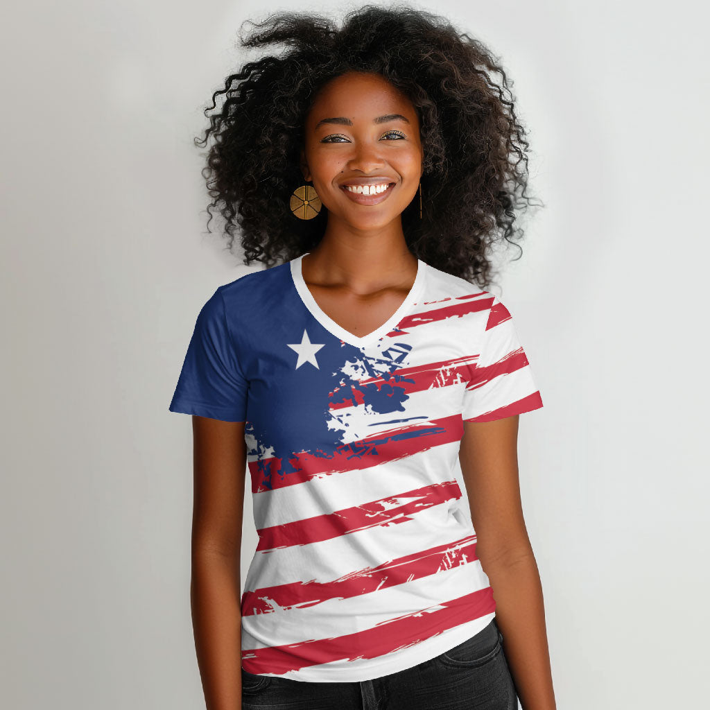 Liberia Flag Women V-Neck T-Shirt Grunge Stylized