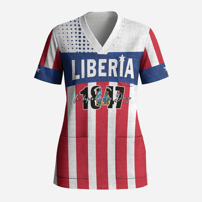 Personalized Liberia 1847 Scrub Top Happy Independence Day