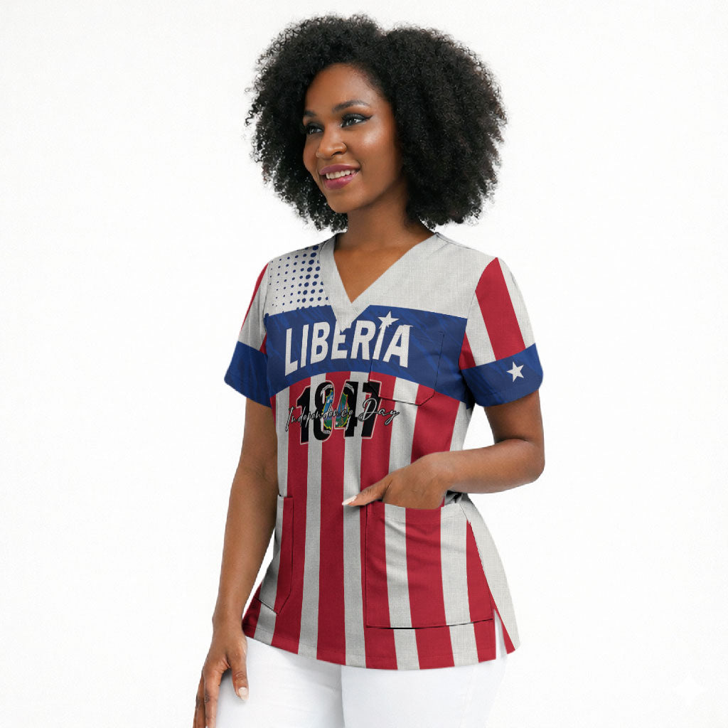 Personalized Liberia 1847 Scrub Top Happy Independence Day