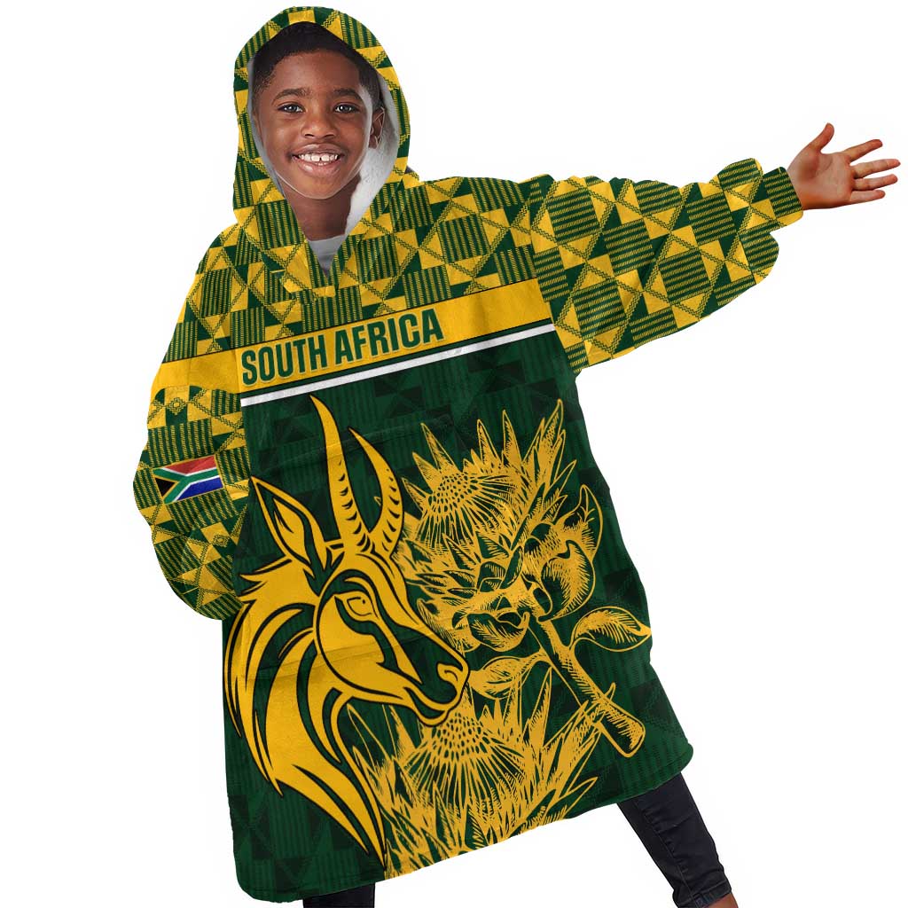 Custom South Africa Rugby KId Wearable Blanket Hoodie - Go Springboks with African Pattern