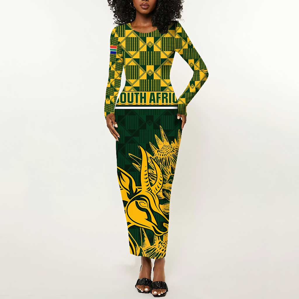 Custom South Africa Rugby Long Sleeve Bodycon Dress - Go Springboks with African Pattern