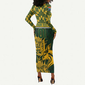 Custom South Africa Rugby Long Sleeve Bodycon Dress - Go Springboks with African Pattern