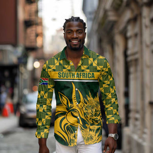 Custom South Africa Rugby Long Sleeve Button Shirt - Go Springboks with African Pattern