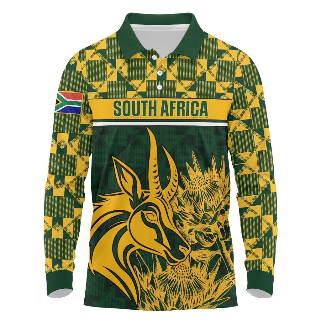 Custom South Africa Rugby Long Sleeve Polo Shirt - Go Springboks with African Pattern