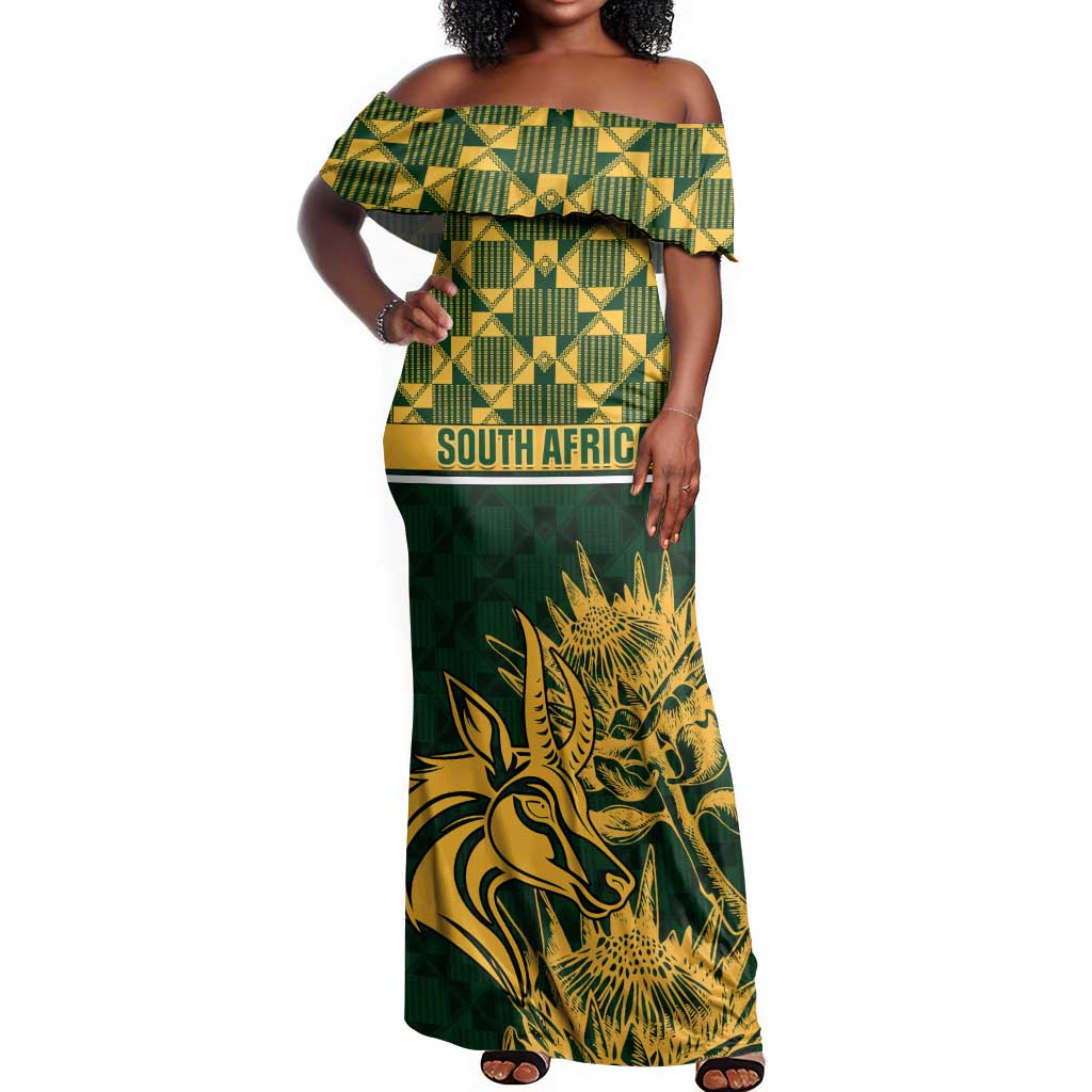 Custom South Africa Rugby Off Shoulder Maxi Dress - Go Springboks with African Pattern