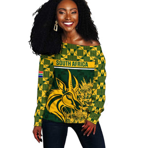 Custom South Africa Rugby Off Shoulder Sweater - Go Springboks with African Pattern