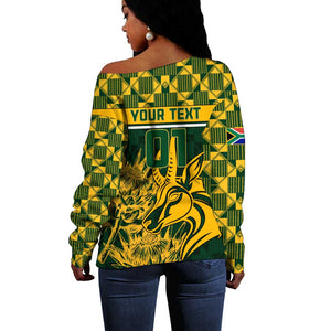 Custom South Africa Rugby Off Shoulder Sweater - Go Springboks with African Pattern