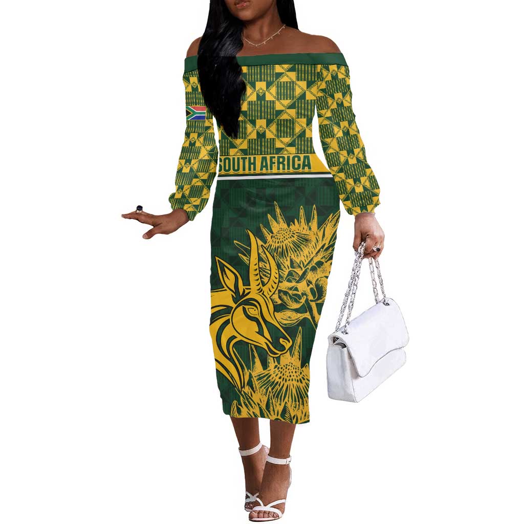 Custom South Africa Rugby Off The Shoulder Long Sleeve Dress - Go Springboks with African Pattern