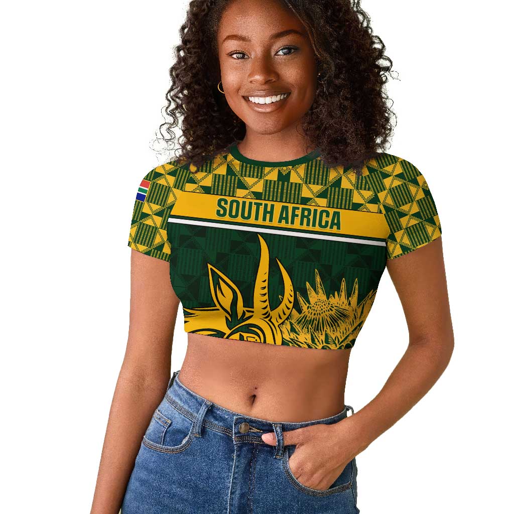 Custom South Africa Rugby Raglan Cropped T shirt - Go Springboks with African Pattern