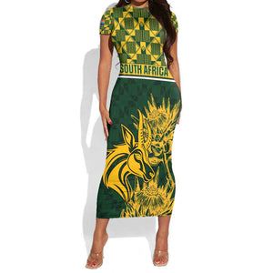 Custom South Africa Rugby Short Sleeve Bodycon Dress - Go Springboks with African Pattern