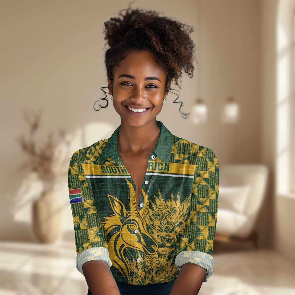 Custom South Africa Rugby Women Casual Shirt - Go Springboks with African Pattern LT01