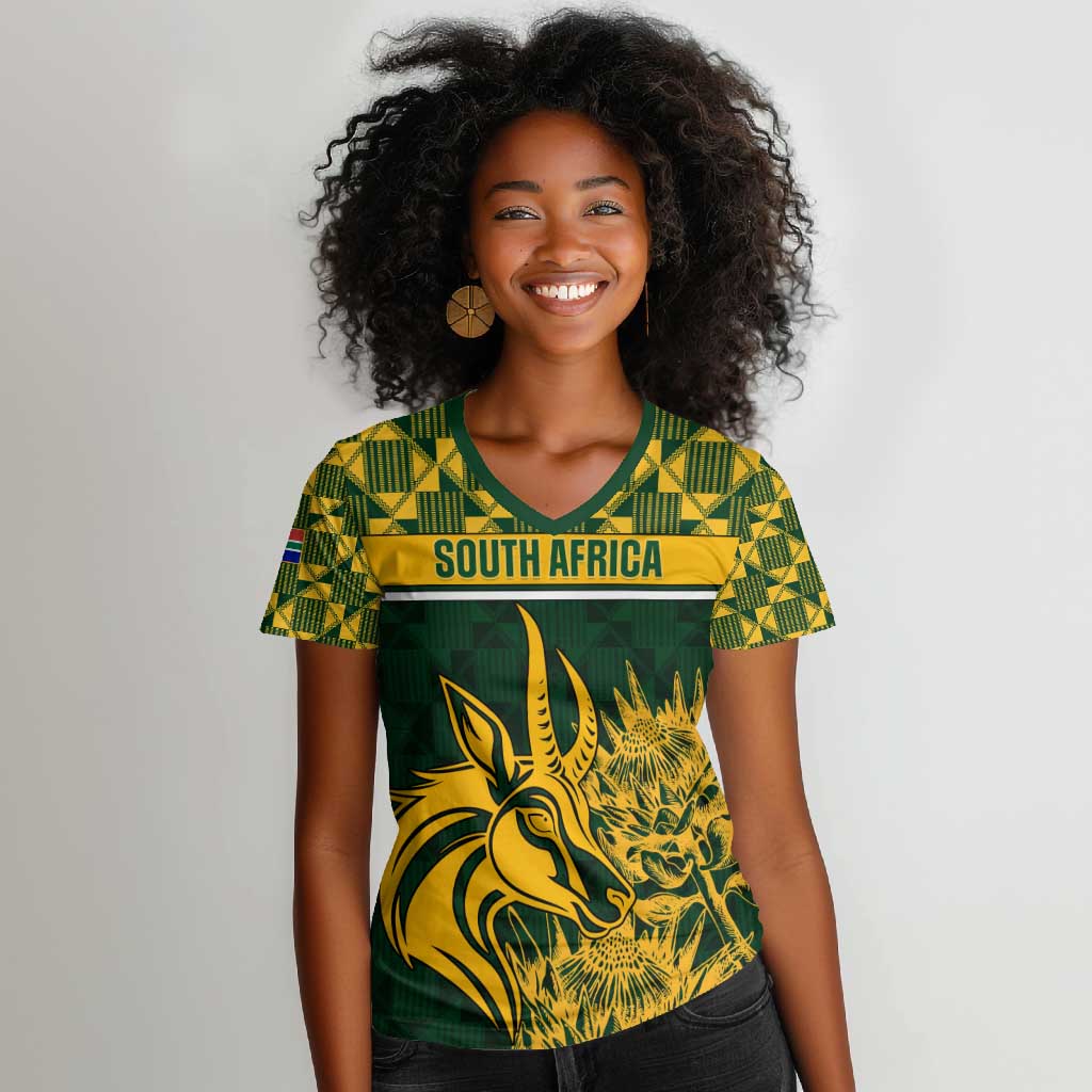 Custom South Africa Rugby Women V-Neck T-Shirt - Go Springboks with African Pattern