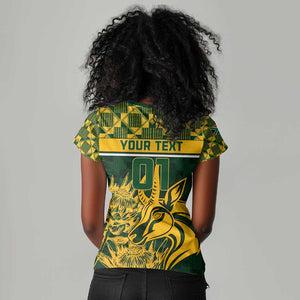 Custom South Africa Rugby Women V-Neck T-Shirt - Go Springboks with African Pattern