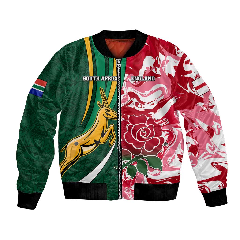 Custom South Africa and England Rugby Bomber Jacket - The Red Rose with Protea Pattern