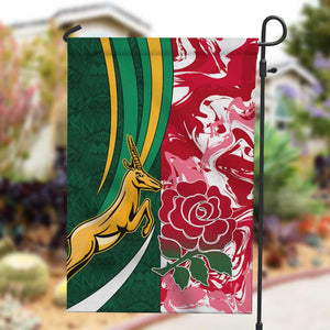 South Africa and England Rugby Garden Flag - The Red Rose with Protea Pattern