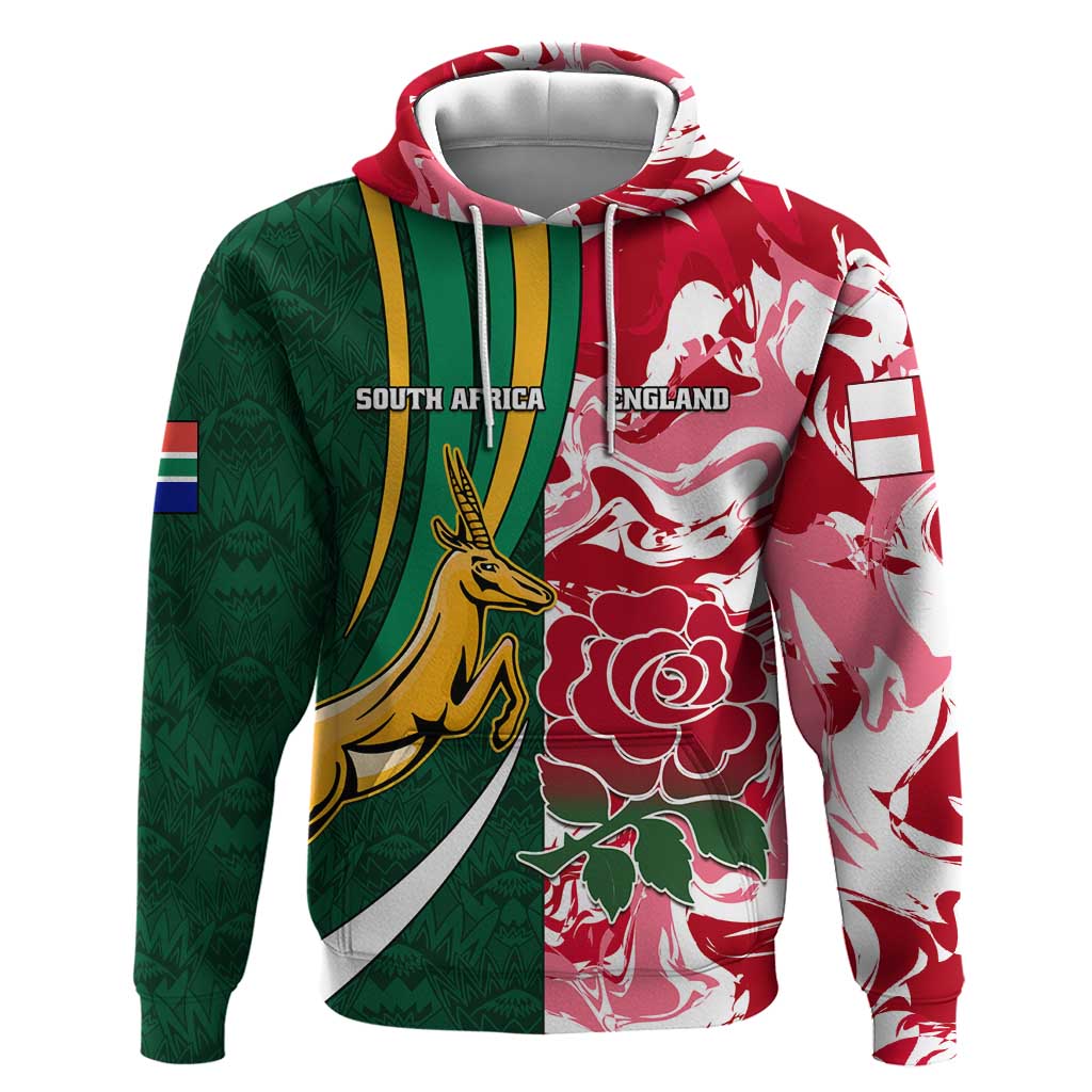 Custom South Africa and England Rugby Hoodie - The Red Rose with Protea Pattern