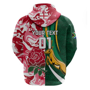 Custom South Africa and England Rugby Hoodie - The Red Rose with Protea Pattern