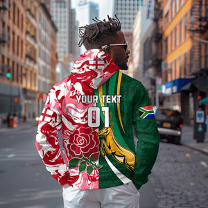 Custom South Africa and England Rugby Hoodie - The Red Rose with Protea Pattern