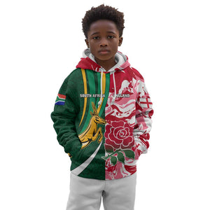 Custom South Africa and England Rugby Kid Hoodie - The Red Rose with Protea Pattern