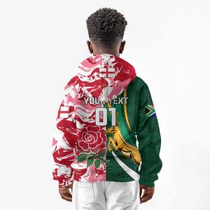 Custom South Africa and England Rugby Kid Hoodie - The Red Rose with Protea Pattern