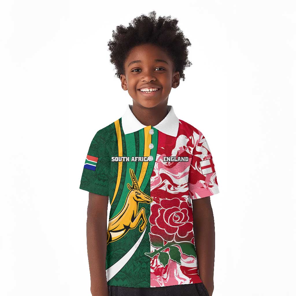 Custom South Africa and England Rugby Kid Polo Shirt - The Red Rose with Protea Pattern