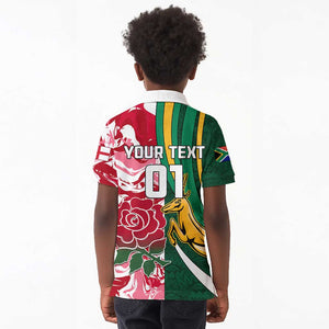 Custom South Africa and England Rugby Kid Polo Shirt - The Red Rose with Protea Pattern