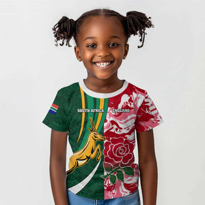 Custom South Africa and England Rugby Kid T shirt - The Red Rose with Protea Pattern