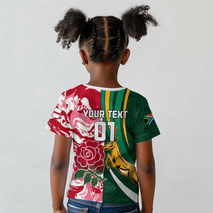 Custom South Africa and England Rugby Kid T shirt - The Red Rose with Protea Pattern