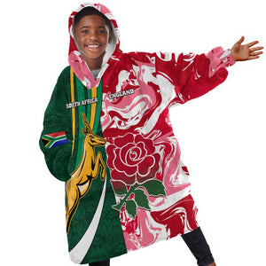 Custom South Africa and England Rugby KId Wearable Blanket Hoodie - The Red Rose with Protea Pattern