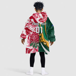 Custom South Africa and England Rugby KId Wearable Blanket Hoodie - The Red Rose with Protea Pattern