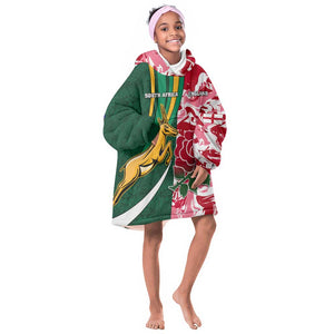 Custom South Africa and England Rugby KId Wearable Blanket Hoodie - The Red Rose with Protea Pattern