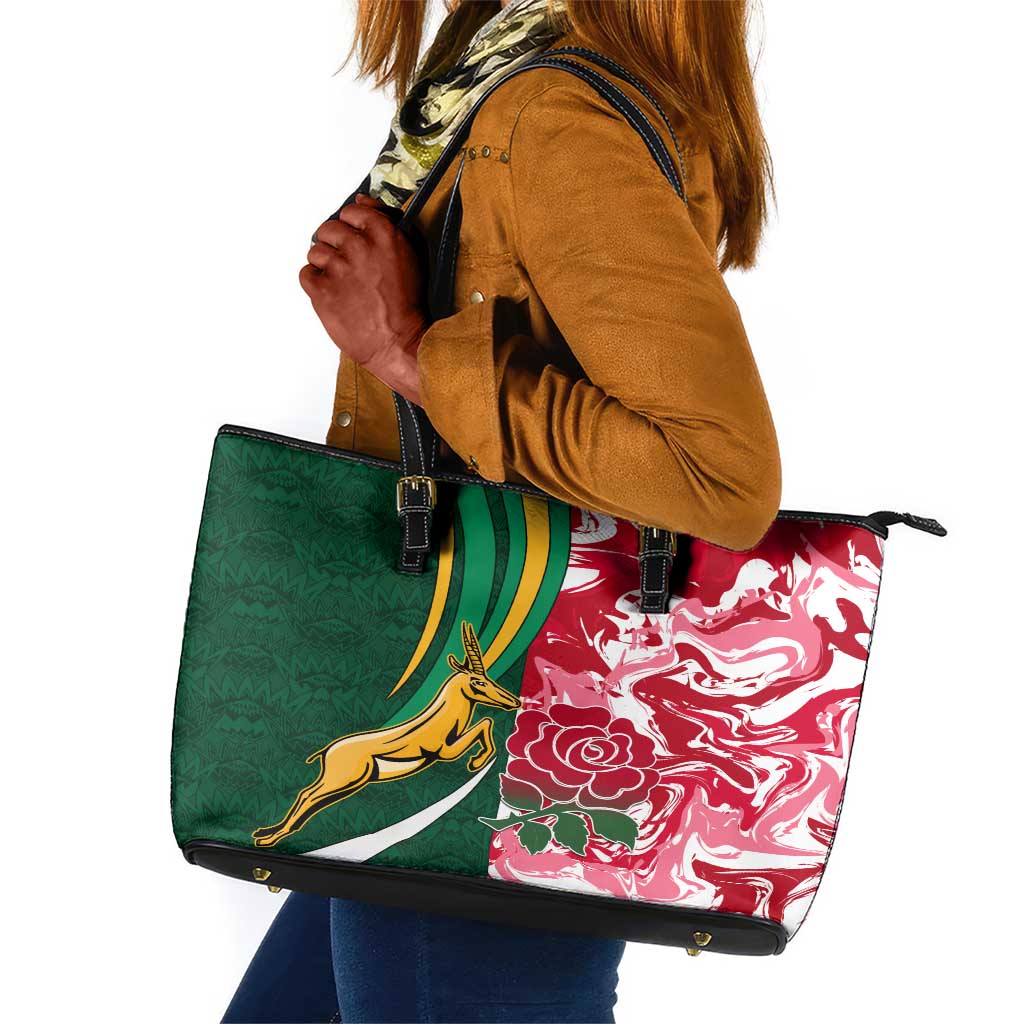 South Africa and England Rugby Leather Tote Bag - The Red Rose with Protea Pattern