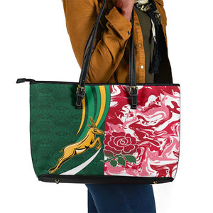 South Africa and England Rugby Leather Tote Bag - The Red Rose with Protea Pattern