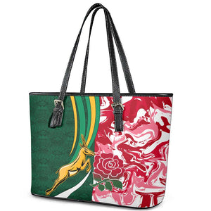 South Africa and England Rugby Leather Tote Bag - The Red Rose with Protea Pattern