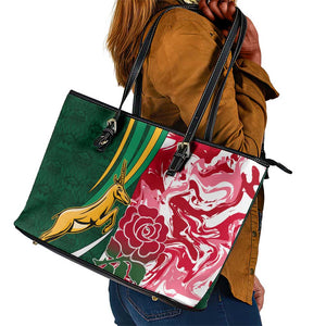 South Africa and England Rugby Leather Tote Bag - The Red Rose with Protea Pattern