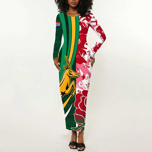 Custom South Africa and England Rugby Long Sleeve Bodycon Dress - The Red Rose with Protea Pattern