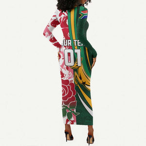 Custom South Africa and England Rugby Long Sleeve Bodycon Dress - The Red Rose with Protea Pattern