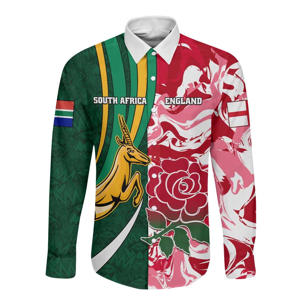 Custom South Africa and England Rugby Long Sleeve Button Shirt - The Red Rose with Protea Pattern