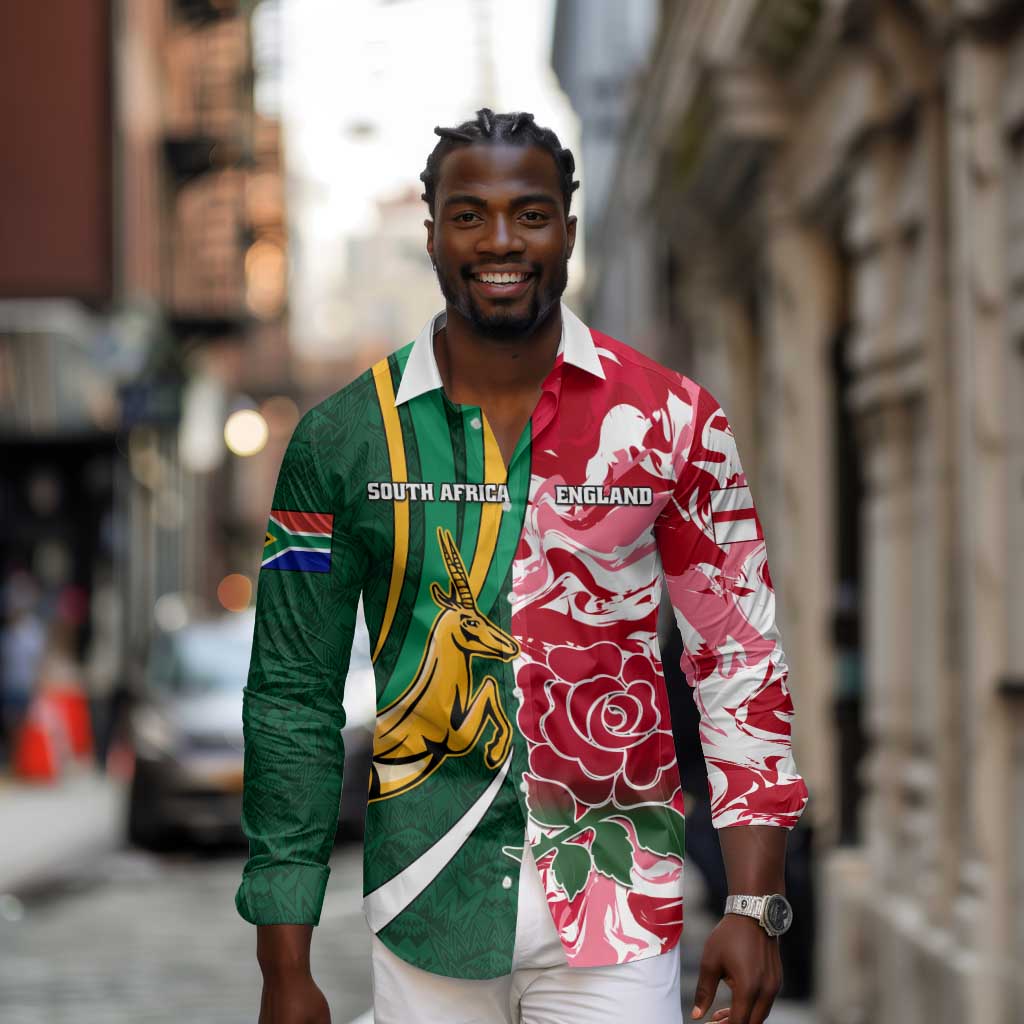 Custom South Africa and England Rugby Long Sleeve Button Shirt - The Red Rose with Protea Pattern