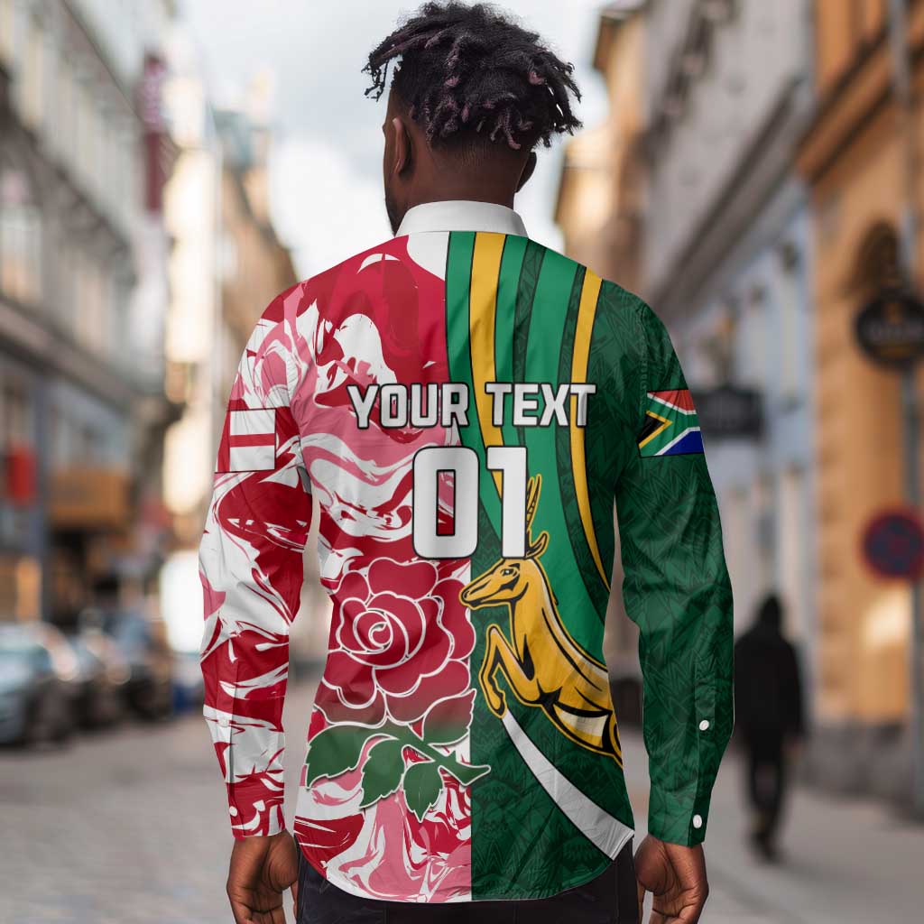 Custom South Africa and England Rugby Long Sleeve Button Shirt - The Red Rose with Protea Pattern