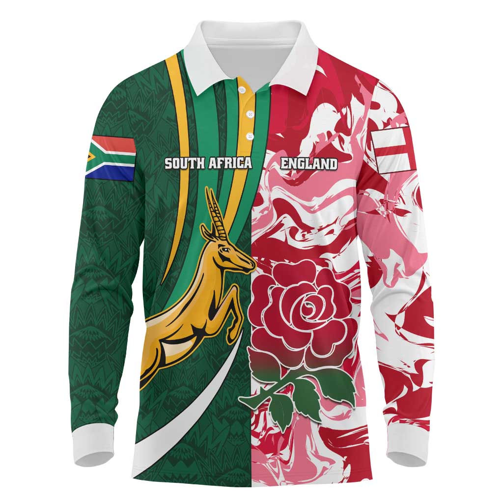 Custom South Africa and England Rugby Long Sleeve Polo Shirt - The Red Rose with Protea Pattern