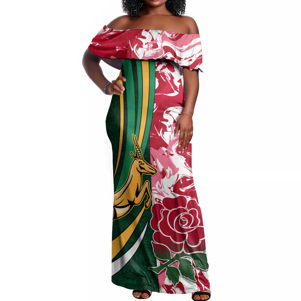 Custom South Africa and England Rugby Off Shoulder Maxi Dress - The Red Rose with Protea Pattern