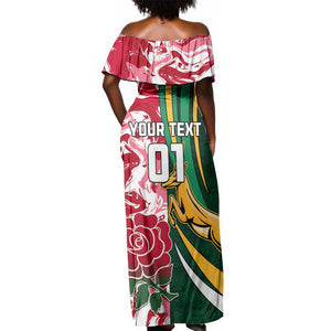 Custom South Africa and England Rugby Off Shoulder Maxi Dress - The Red Rose with Protea Pattern