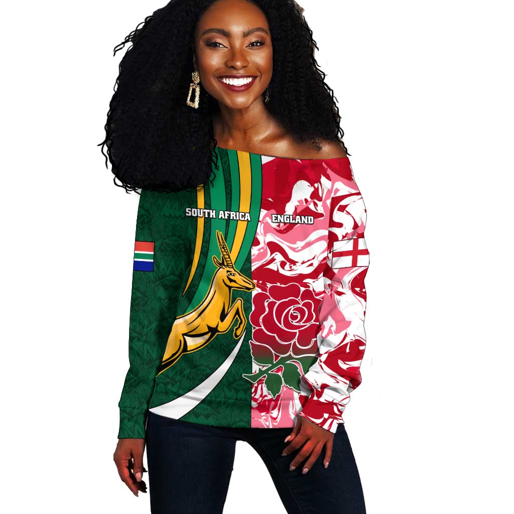 Custom South Africa and England Rugby Off Shoulder Sweater - The Red Rose with Protea Pattern