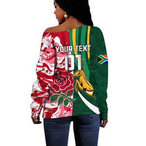 Custom South Africa and England Rugby Off Shoulder Sweater - The Red Rose with Protea Pattern