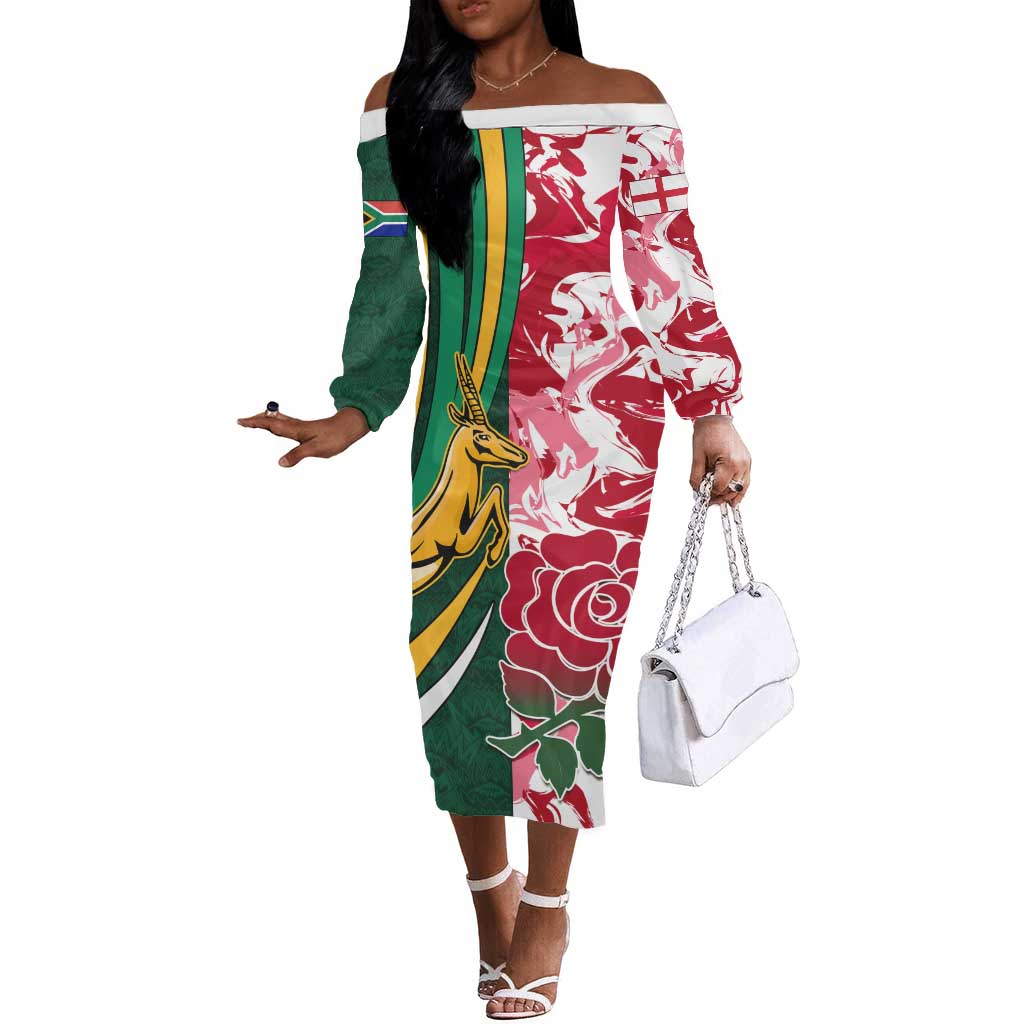 Custom South Africa and England Rugby Off The Shoulder Long Sleeve Dress - The Red Rose with Protea Pattern