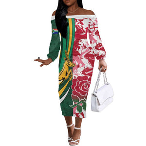 Custom South Africa and England Rugby Off The Shoulder Long Sleeve Dress - The Red Rose with Protea Pattern