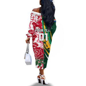 Custom South Africa and England Rugby Off The Shoulder Long Sleeve Dress - The Red Rose with Protea Pattern